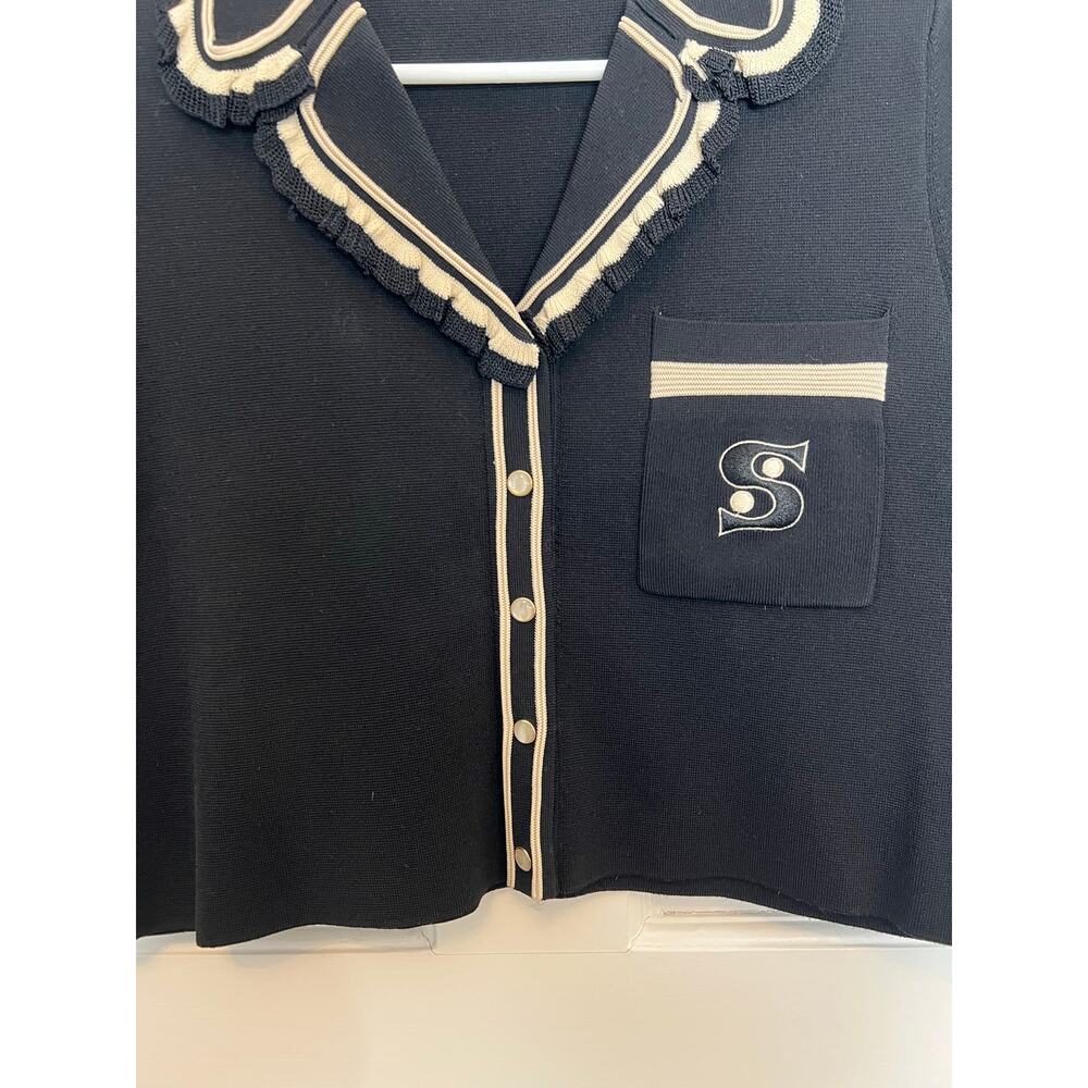 Sandro Paris Fabie Crop Short Sleeve Top Sweater Black White Ruffle Collar S - Picture 5 of 13